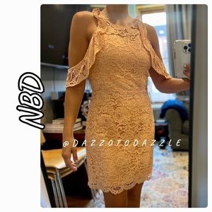 NBD x Revolve Peach Lace Crochet Cold Shoulder Ruffle Mini Dress | Medium      